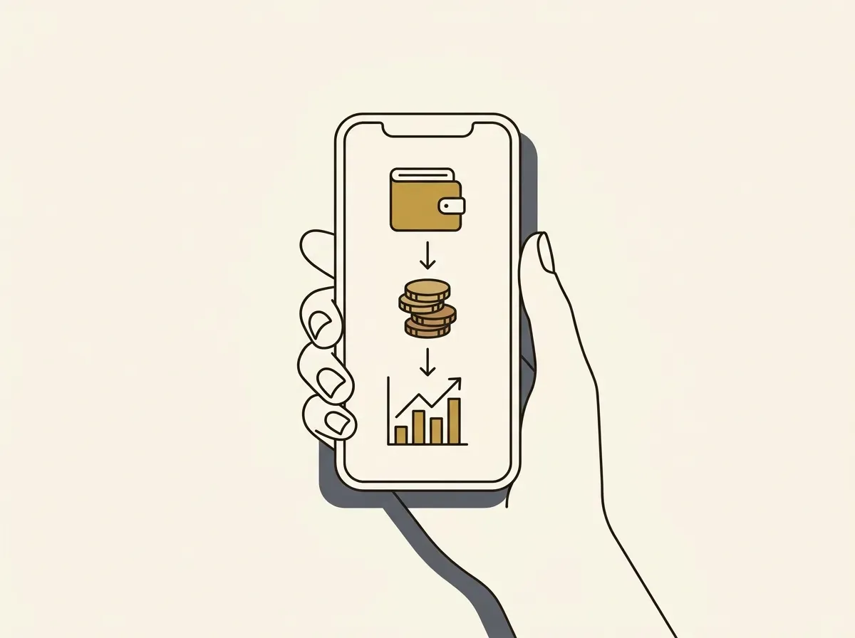 Hand holding a smartphone showing a three-step process: connect wallet, fund account, place trade.