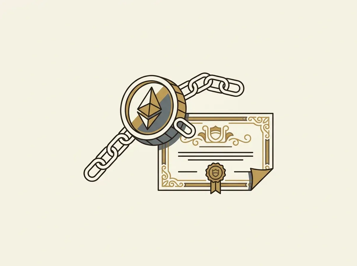 Line art of a blockchain linking to a digital token, representing a stock certificate.