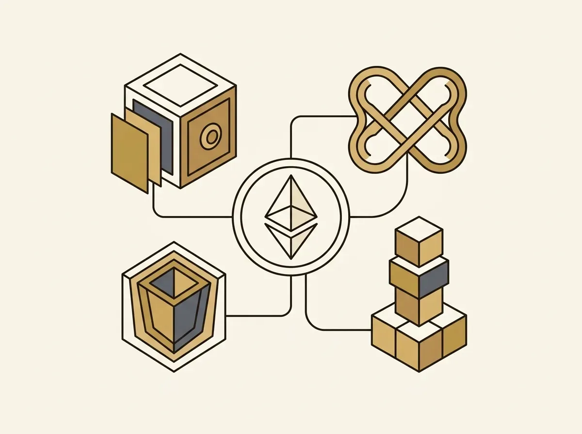 Line art of a token connected to abstract shapes representing DeFi functions.