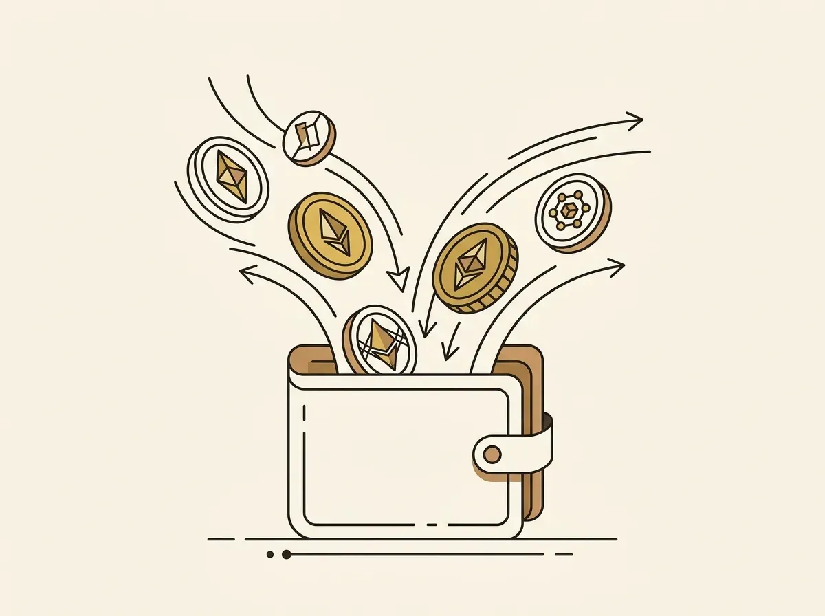 Line art of coins flowing into a digital wallet.