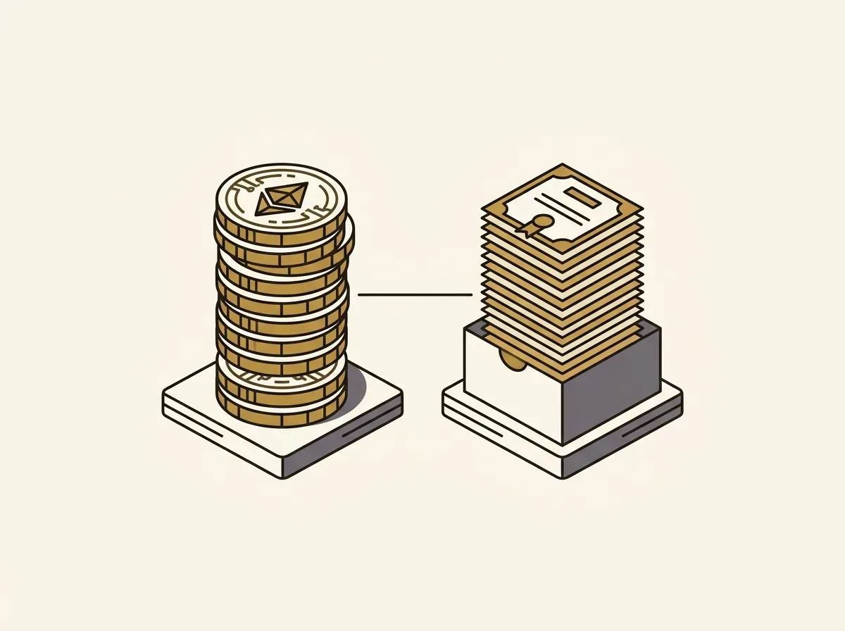 Line art of two identical stacks, one tokens, one shares, connected by a line, representing 1:1 backing.