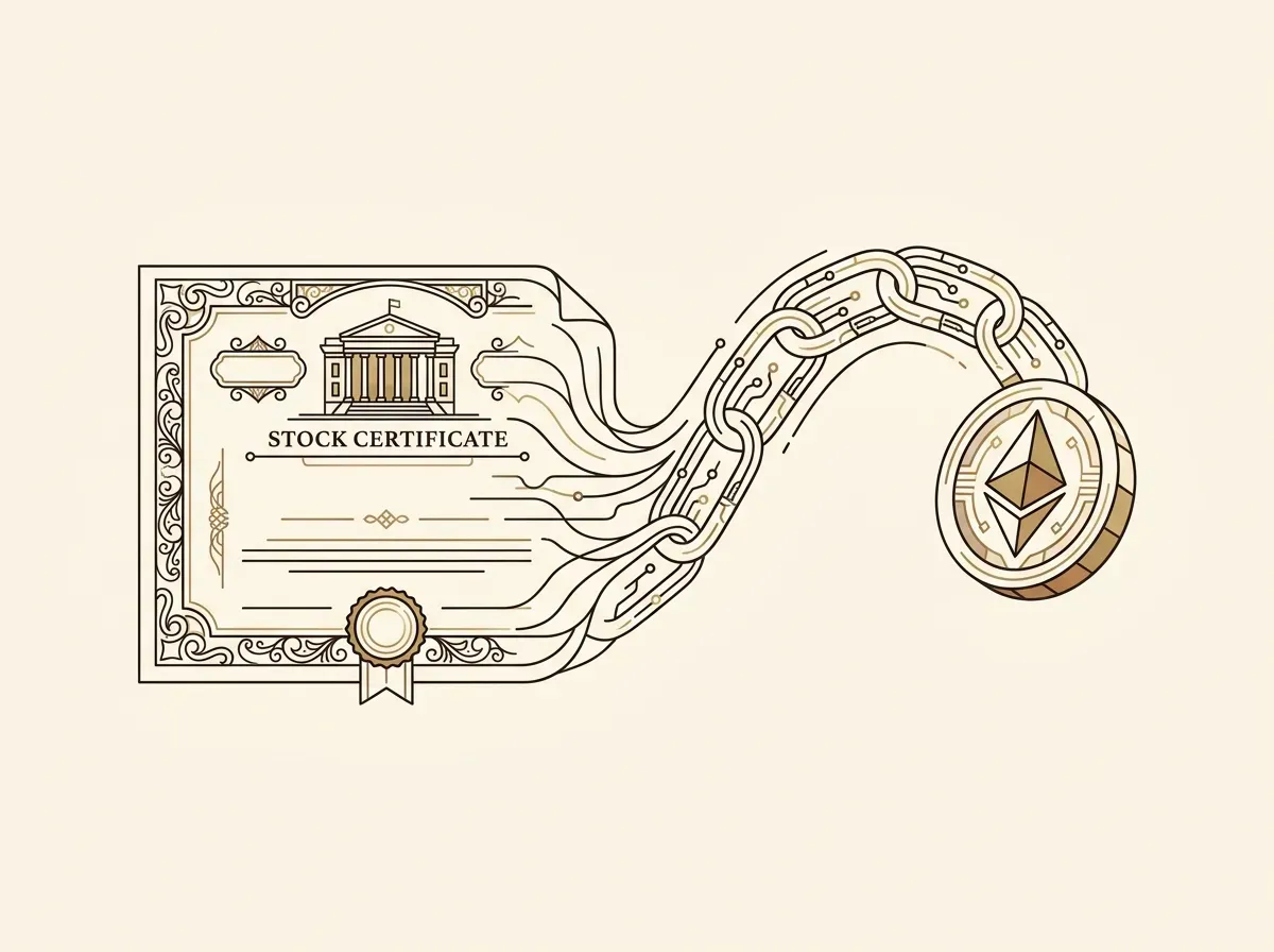 Illustration of a stock certificate evolving into a blockchain token, symbolizing the value proposition of tokenized equities.