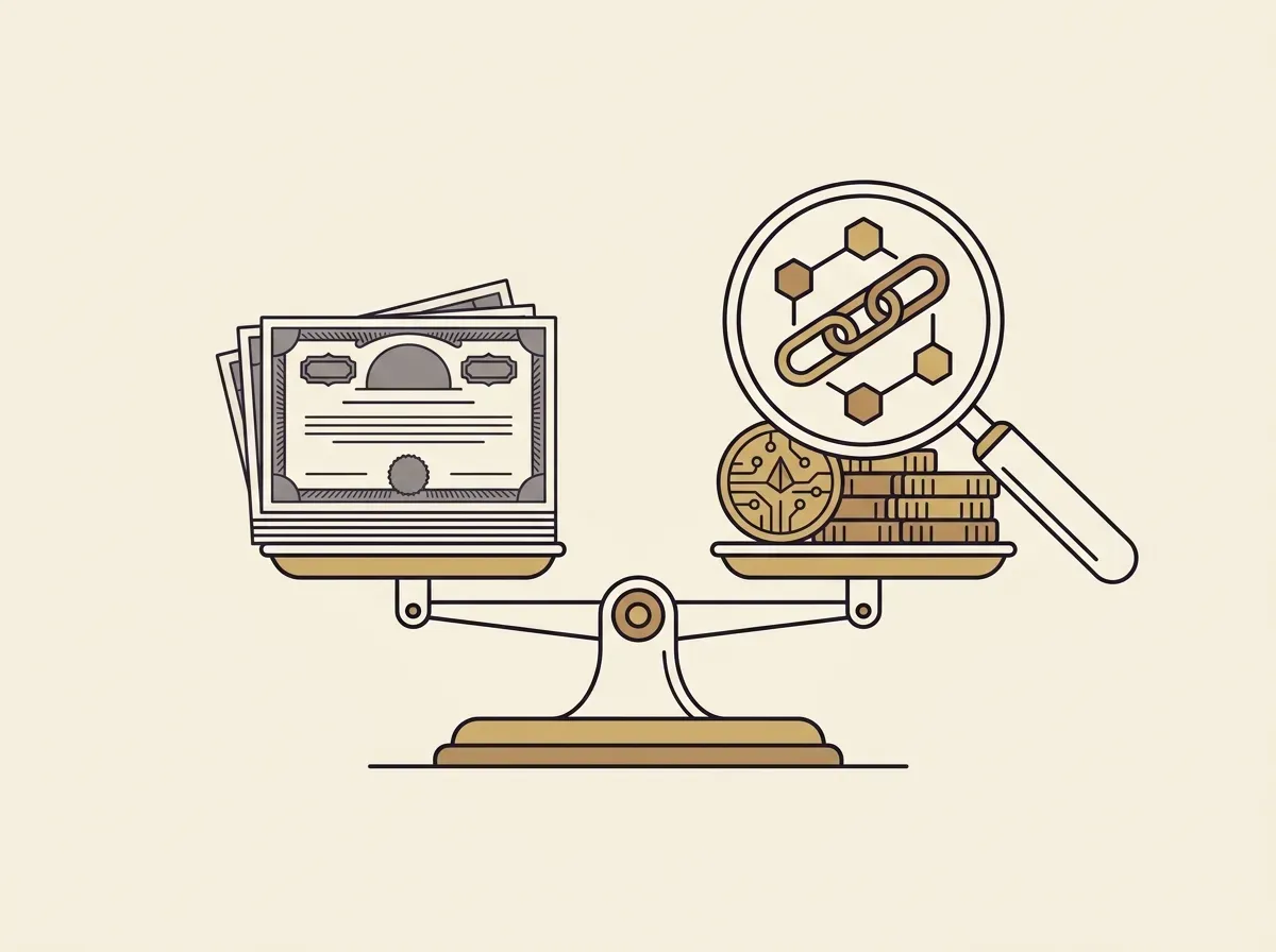 Illustration of a balanced scale with physical stock certificates and digital tokens, representing 1:1 backing and proof of reserves.