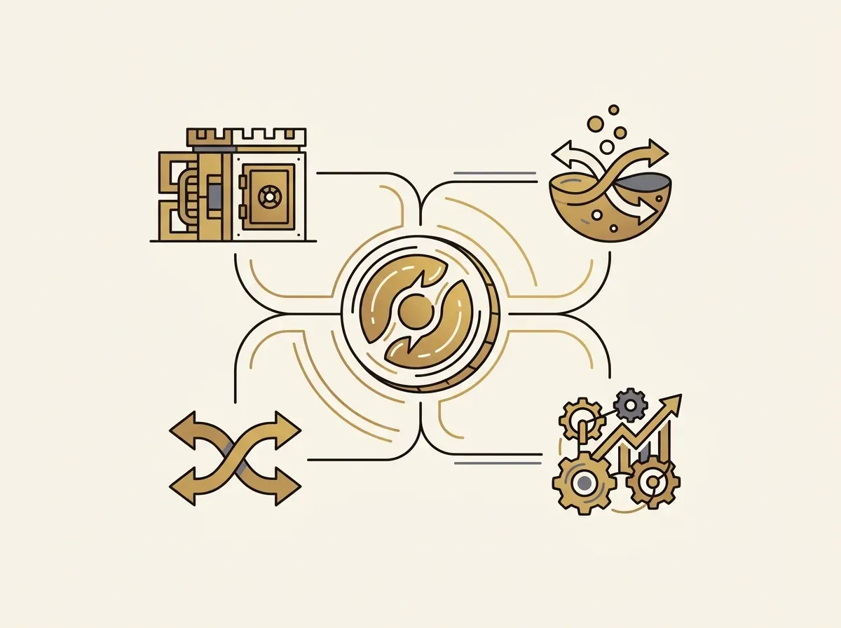Illustration of a central token connecting to various abstract DeFi icons, symbolizing the composability and extended utility of tokenized equities.