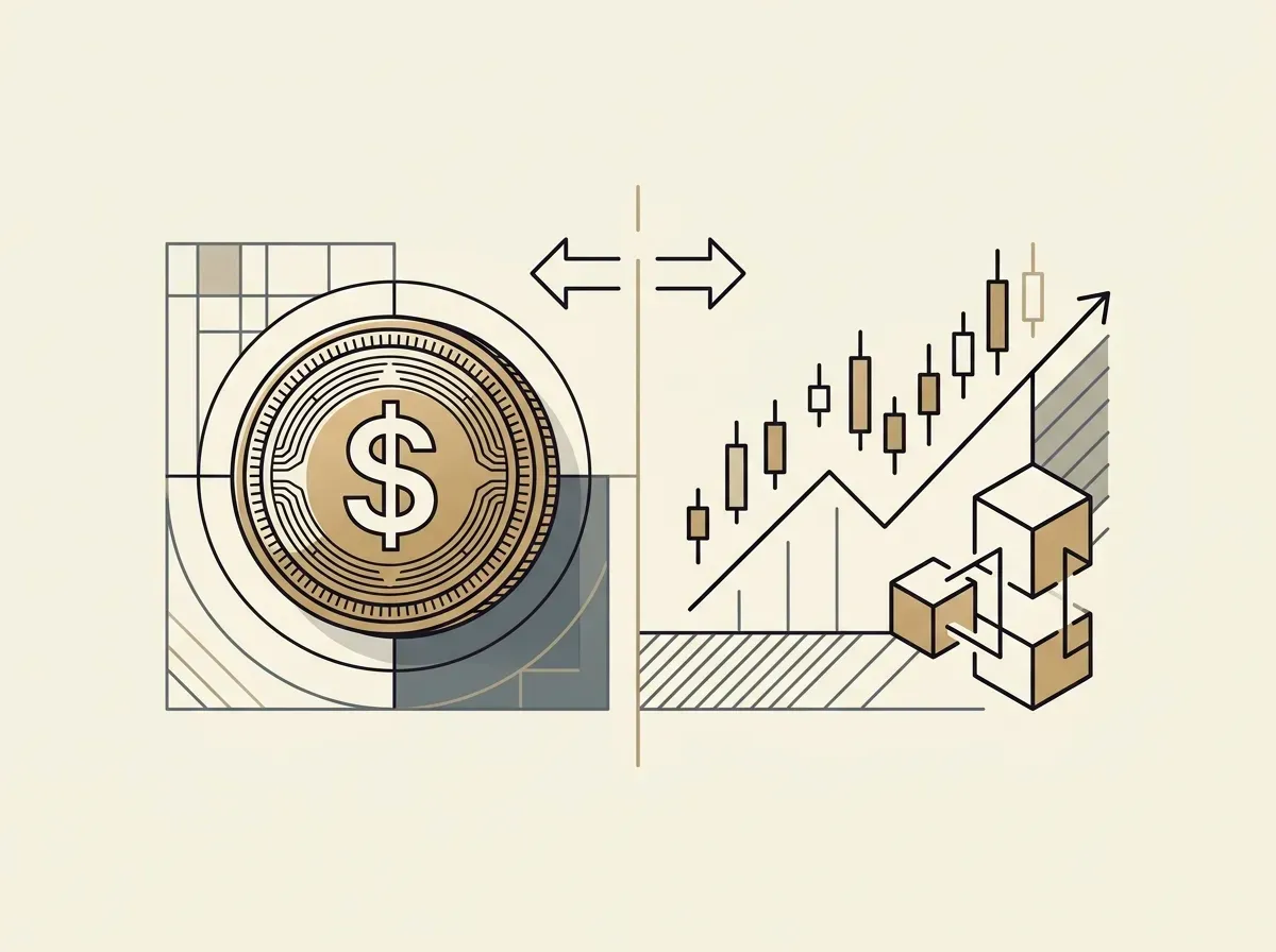 A split image comparing a stablecoin (digital coin with dollar sign) and tokenized stock (upward graph on blockchain).