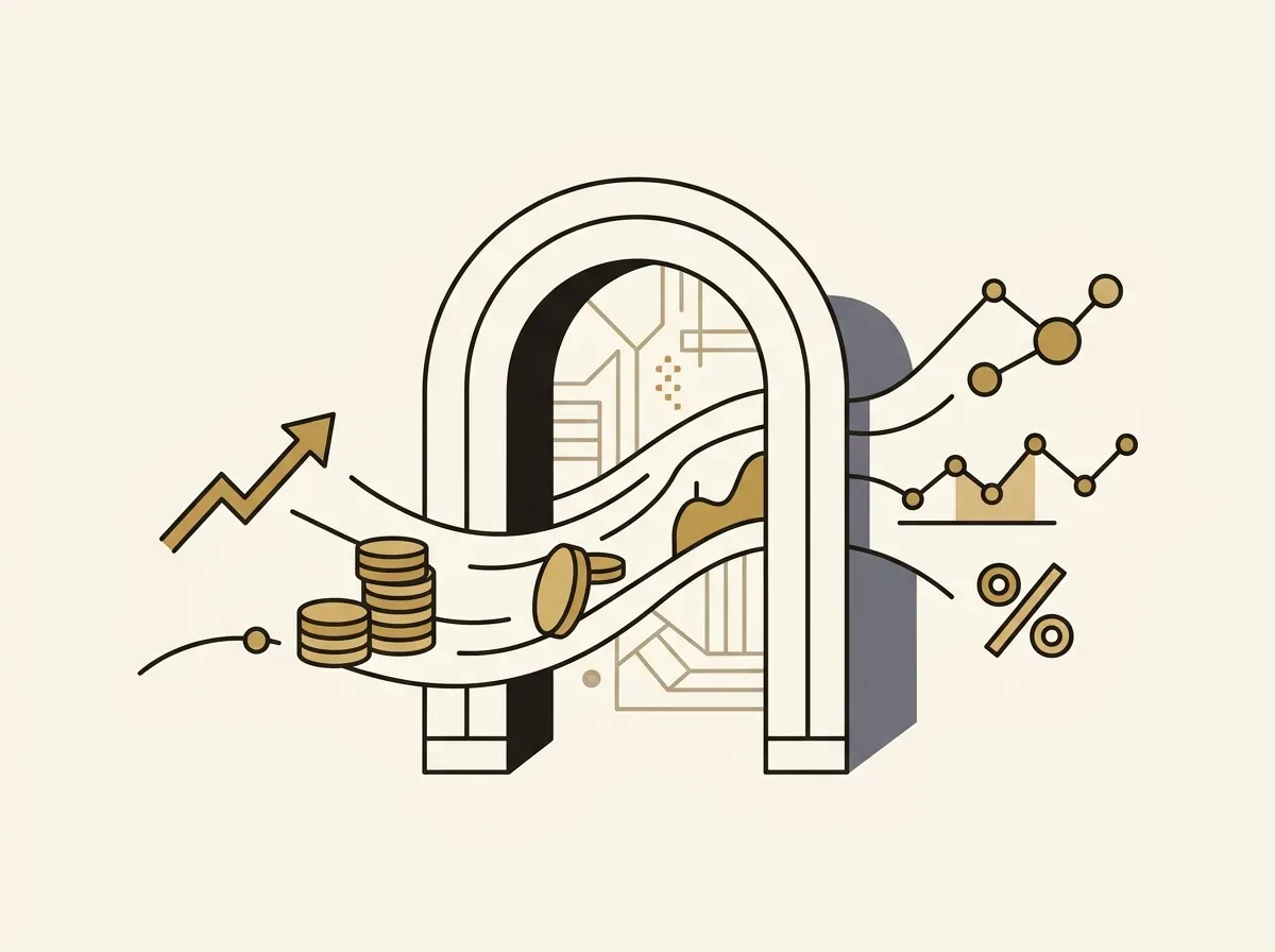 A digital gateway with abstract financial symbols, representing a secure platform for accessing public equities.