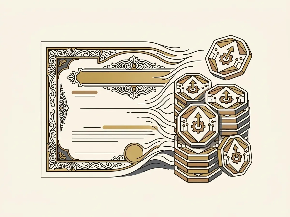 A paper stock certificate transforming into a stack of digital tokens, representing asset tokenization.