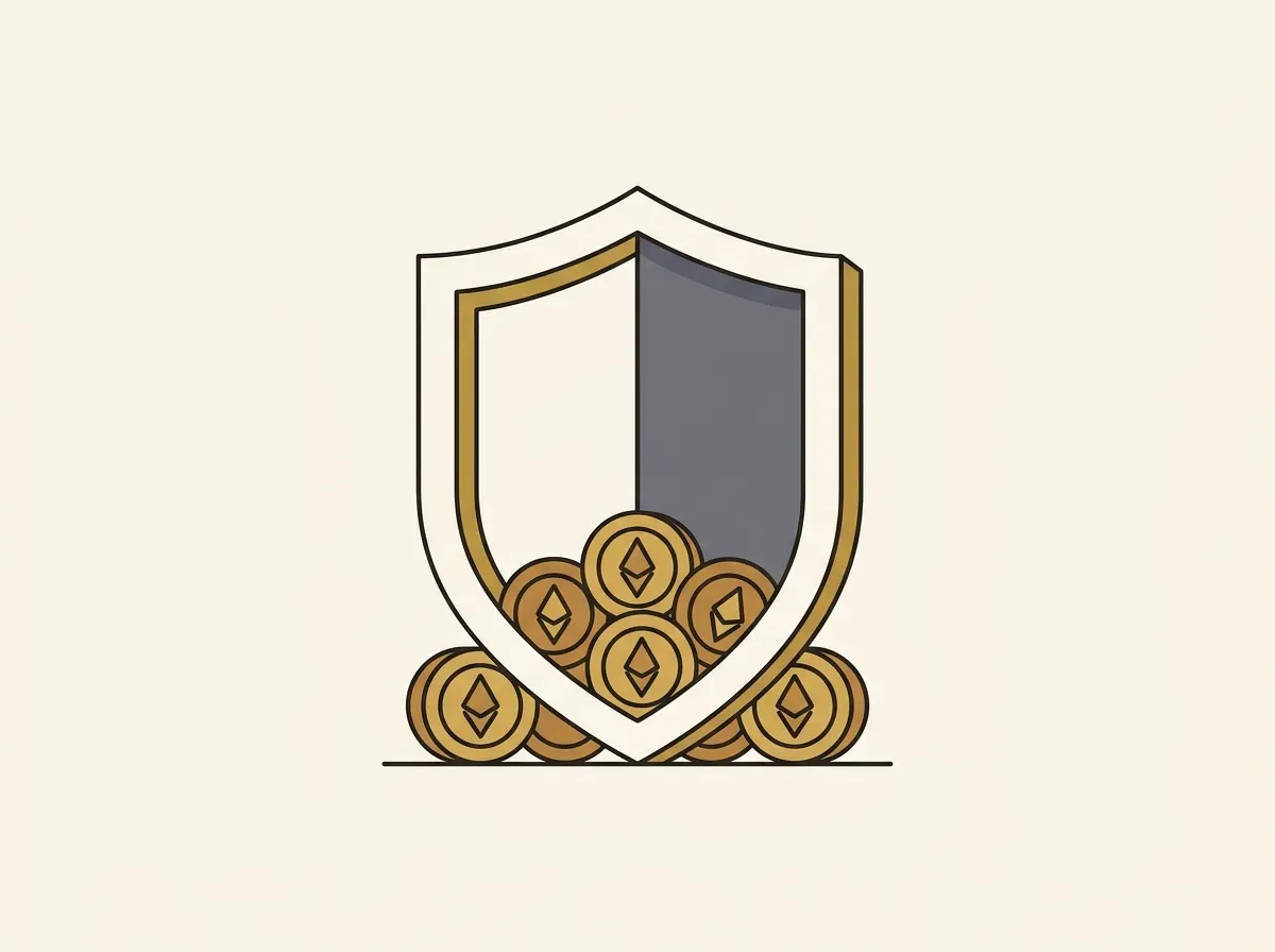 A shield protecting digital tokens, symbolizing robust security and backing.