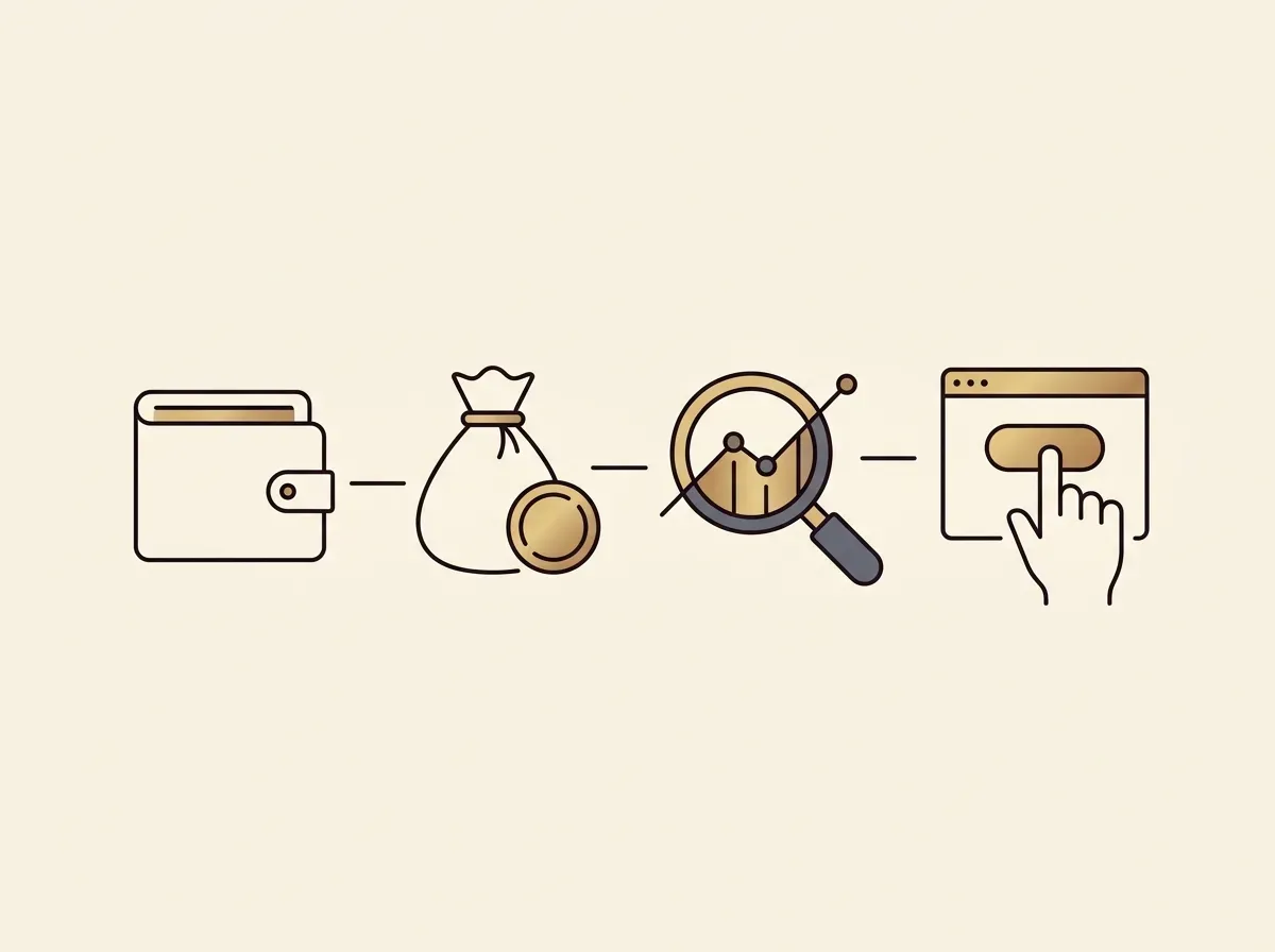 Four minimalist icons showing the steps to buy: wallet, funding, choosing asset, and executing trade.