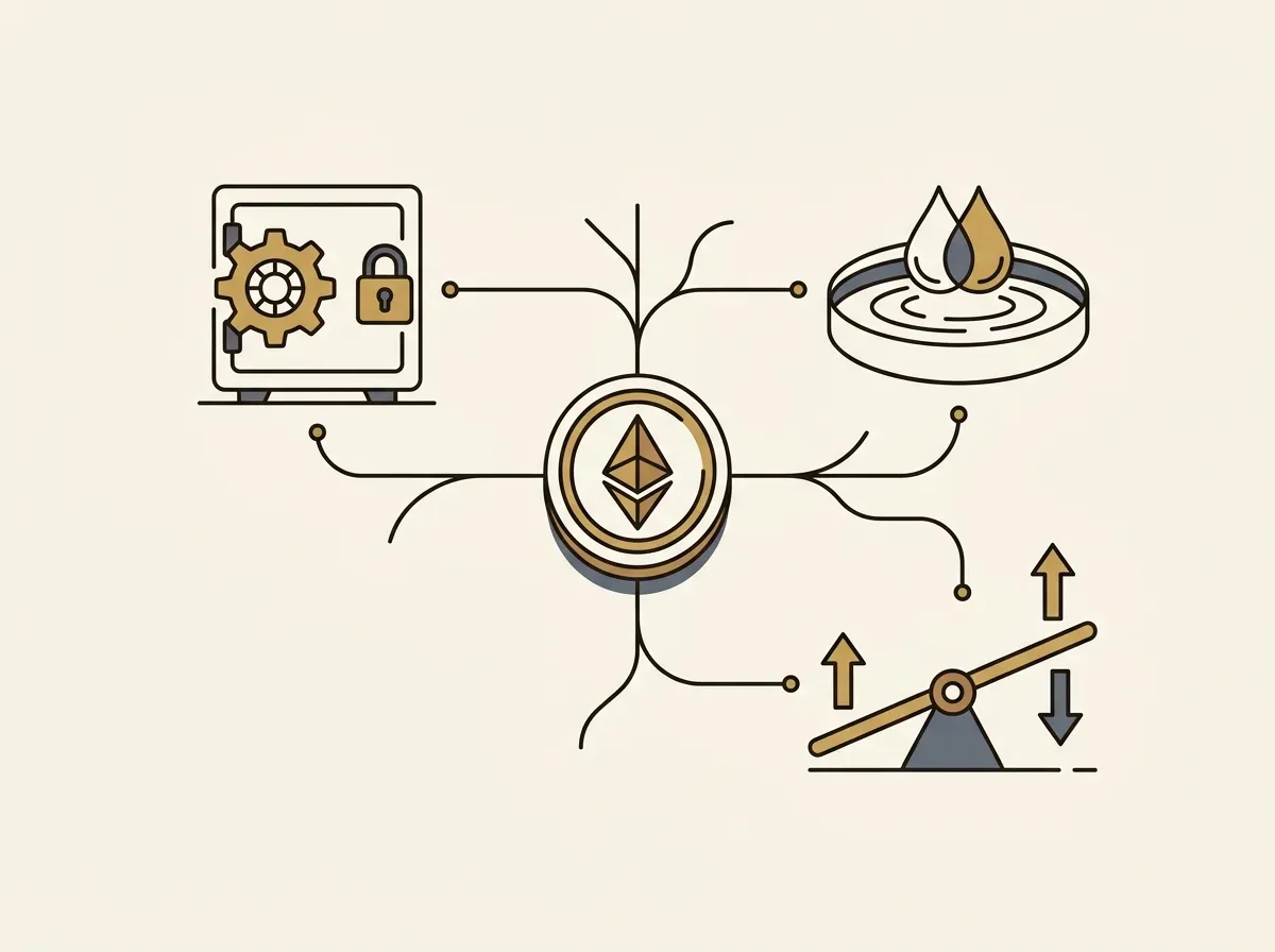 A central digital token connected by lines to various DeFi function icons, symbolizing composability.