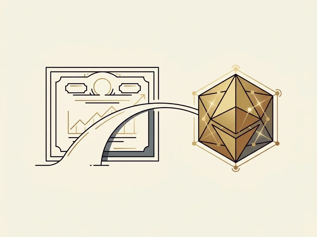 Line art showing a stock chart connected to a blockchain token, representing tokenized stocks.
