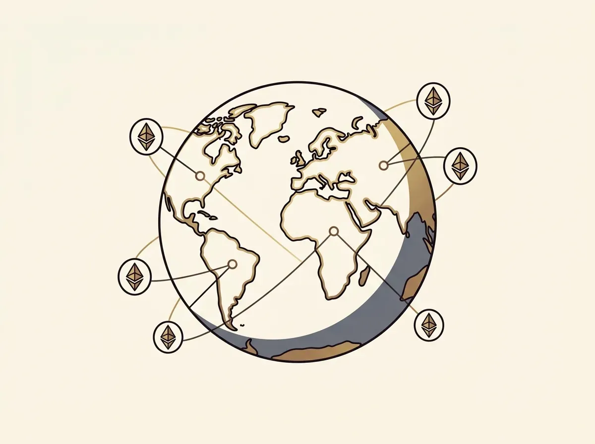 Line art of a globe with small tokens orbiting it, symbolizing global access to tokenized assets.