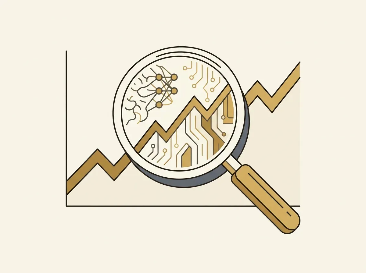 Line art of a magnifying glass over a stock chart with AI-like patterns, representing AI stock evaluation.