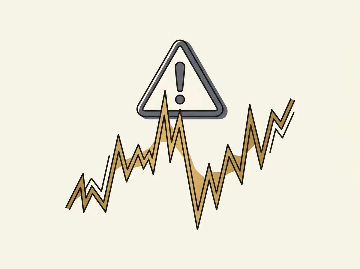Line art showing a volatile stock chart with a warning symbol, illustrating investment risks.