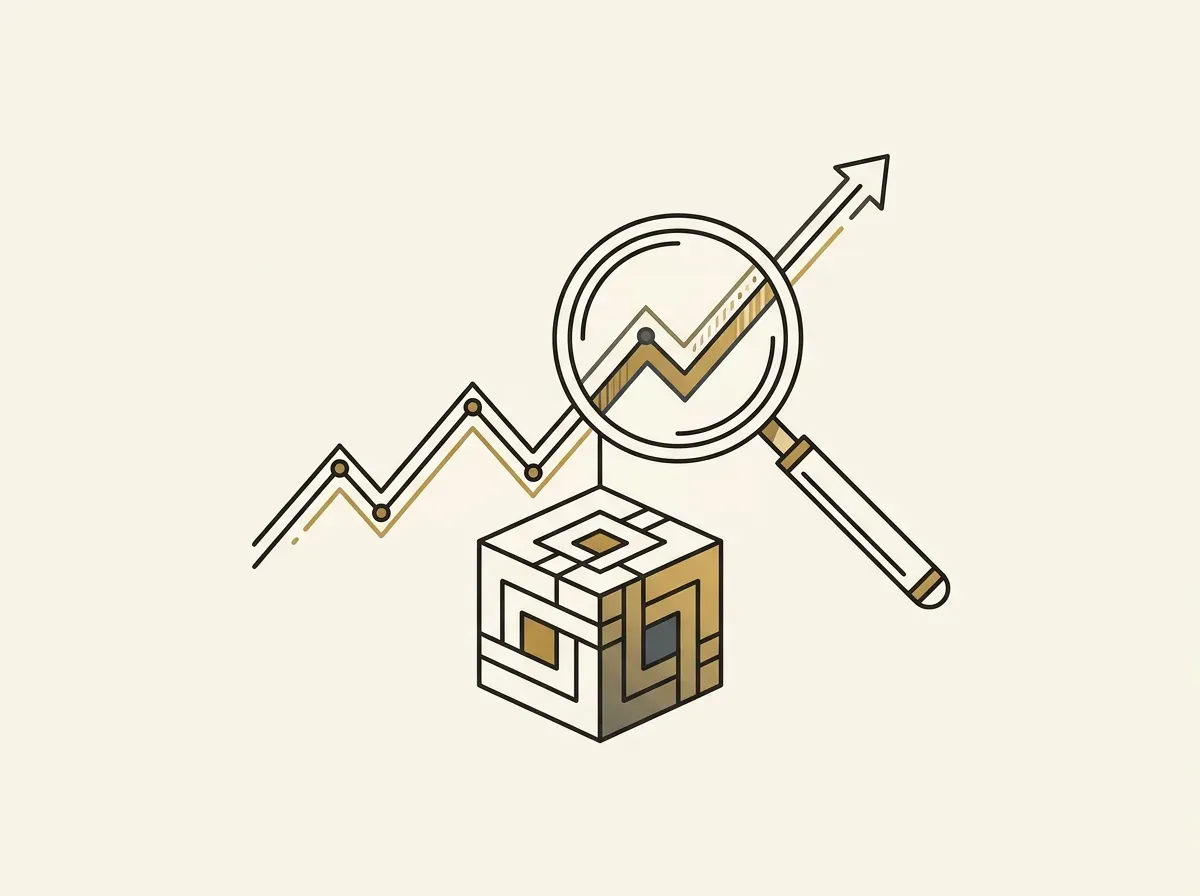 An upward-trending line graph emerging from a blockchain block, with a magnifying glass, symbolizing growth and access to tech stocks.