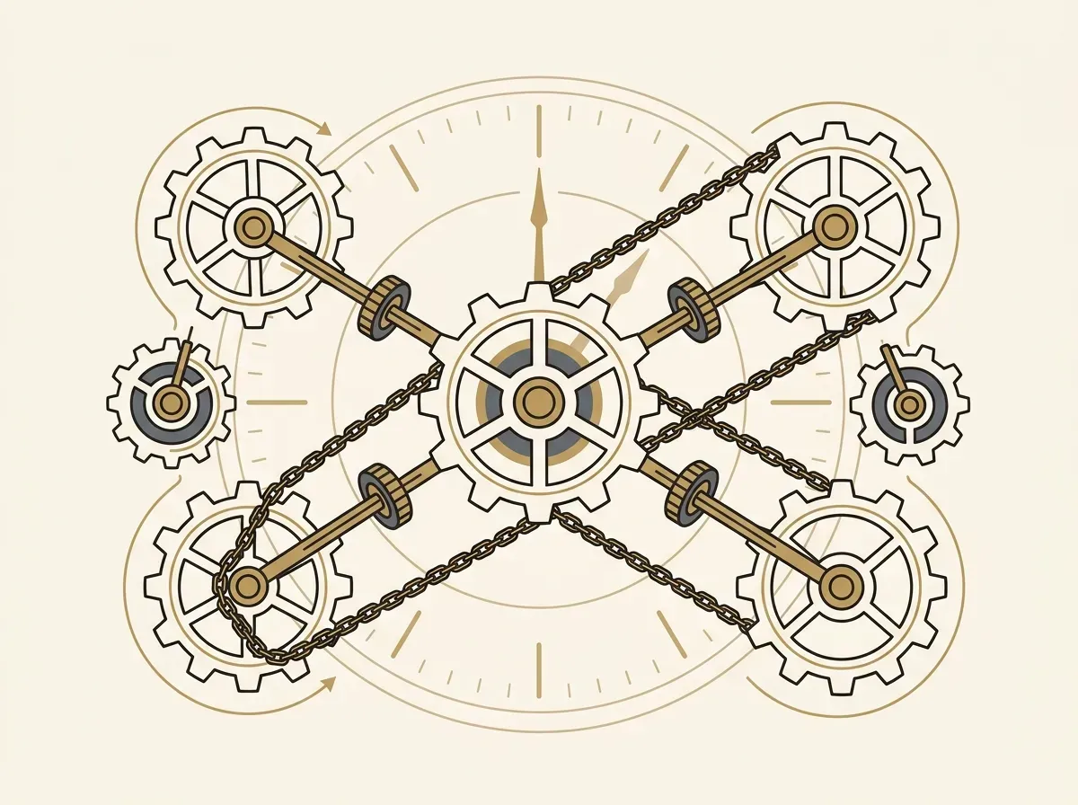 Interconnected gears representing DeFi protocols linked by blockchain chains, with a clock face, symbolizing composability and 24/7 access.
