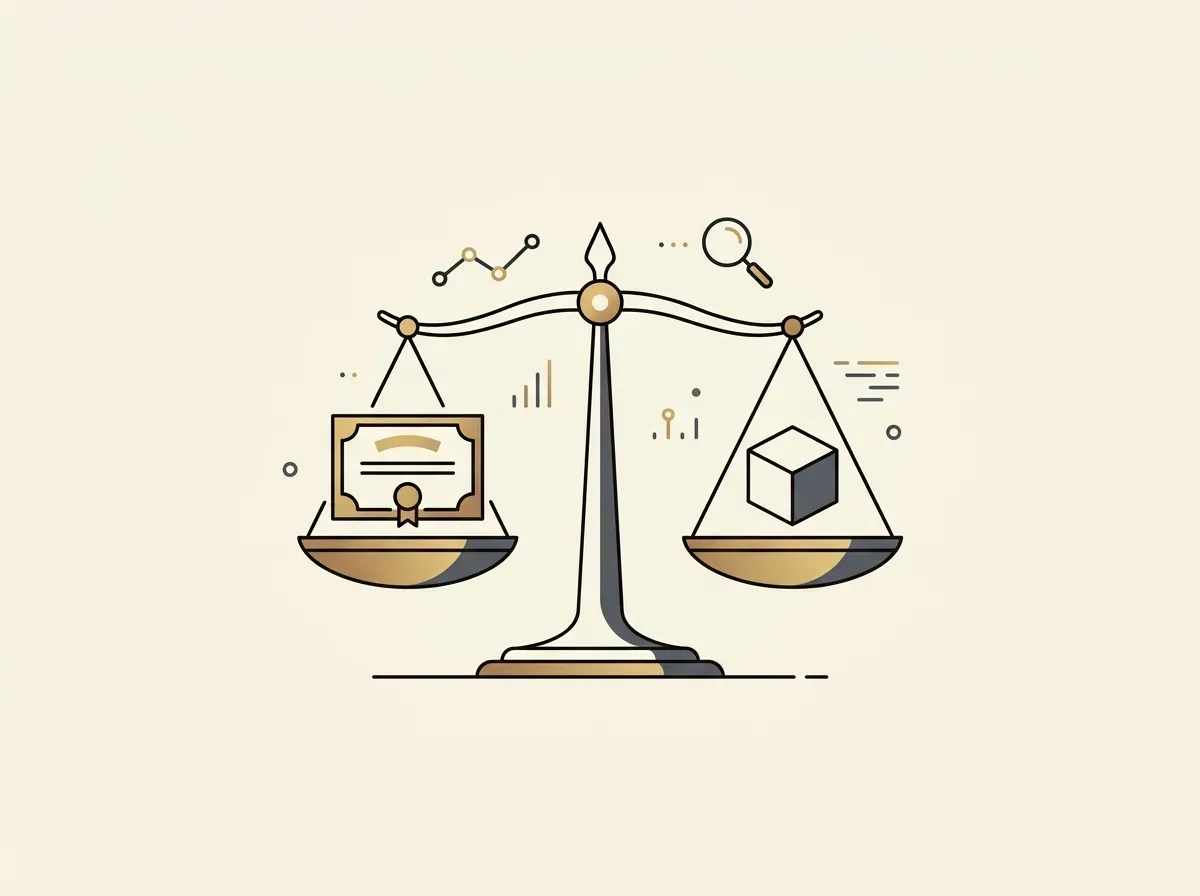 Balanced scales with a stock certificate and a blockchain block, surrounded by data elements, symbolizing evaluation criteria for tokenized stocks.
