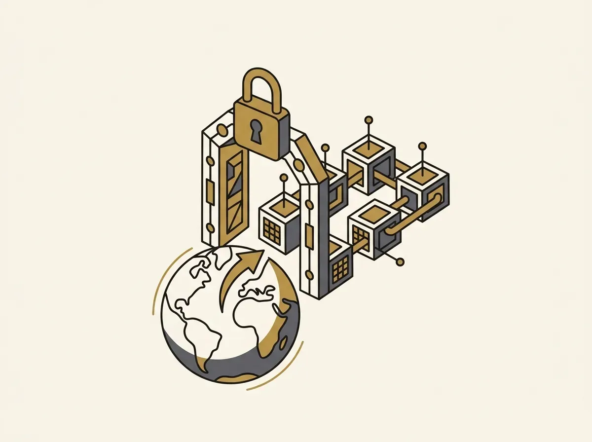 A digital gateway with a padlock leading from a globe to blockchain blocks, symbolizing secure and accessible market access.