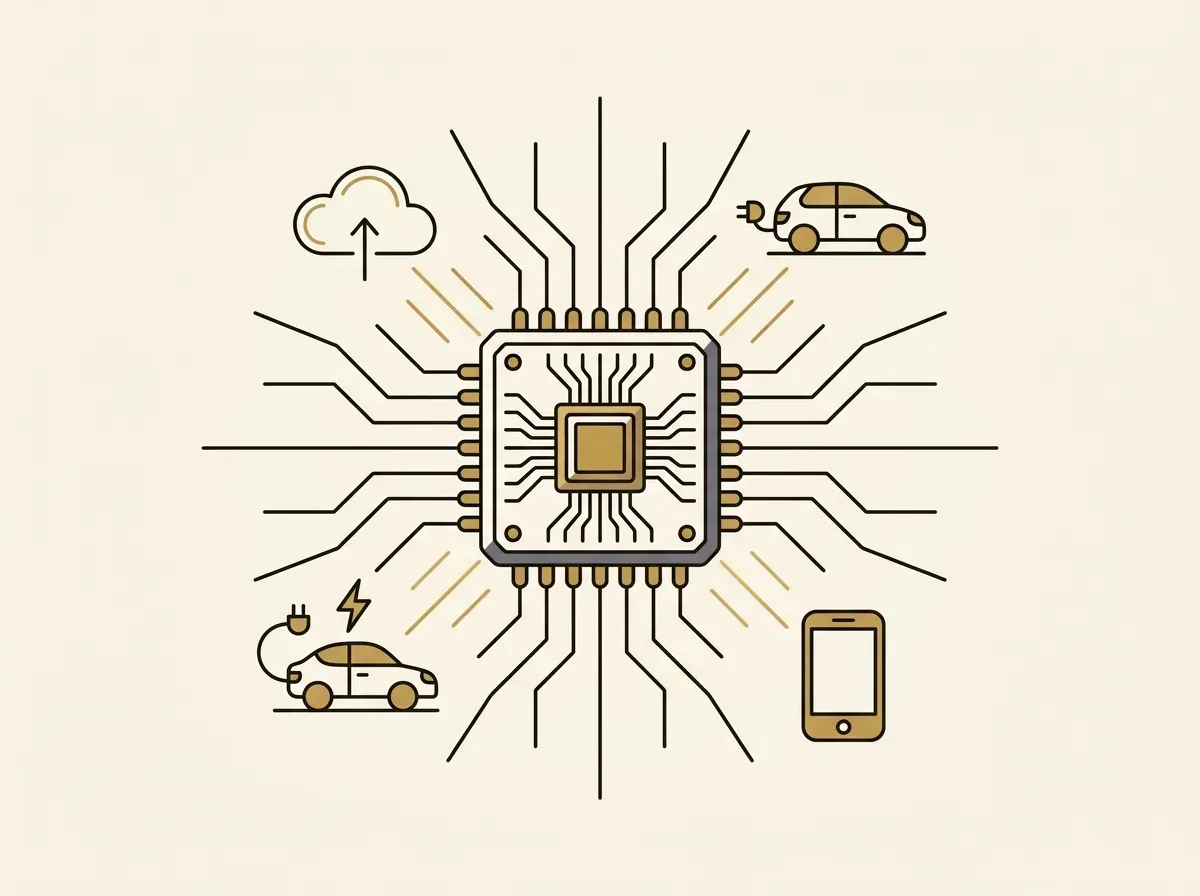 A semiconductor chip radiating connections to a cloud, electric car, and smartphone, symbolizing technological innovation.