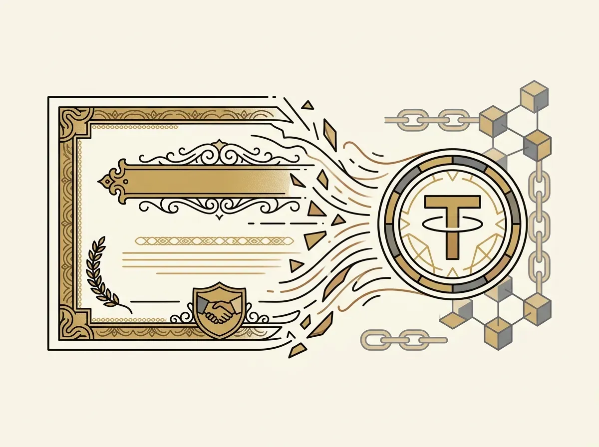 A traditional stock certificate transforming into a digital token on a blockchain, representing tokenized equities.