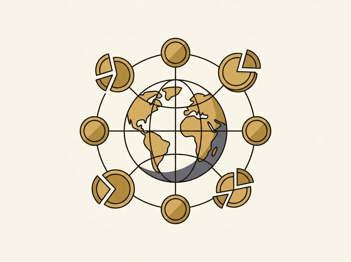 A globe surrounded by interconnected, fragmented tokens, symbolizing global access, fractional ownership, and DeFi composability.