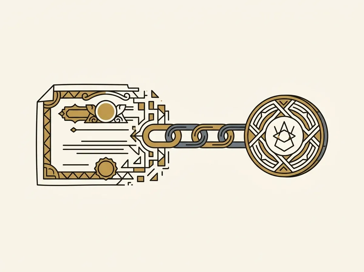 A paper certificate transforming into a digital token on a blockchain, symbolizing tokenized assets.