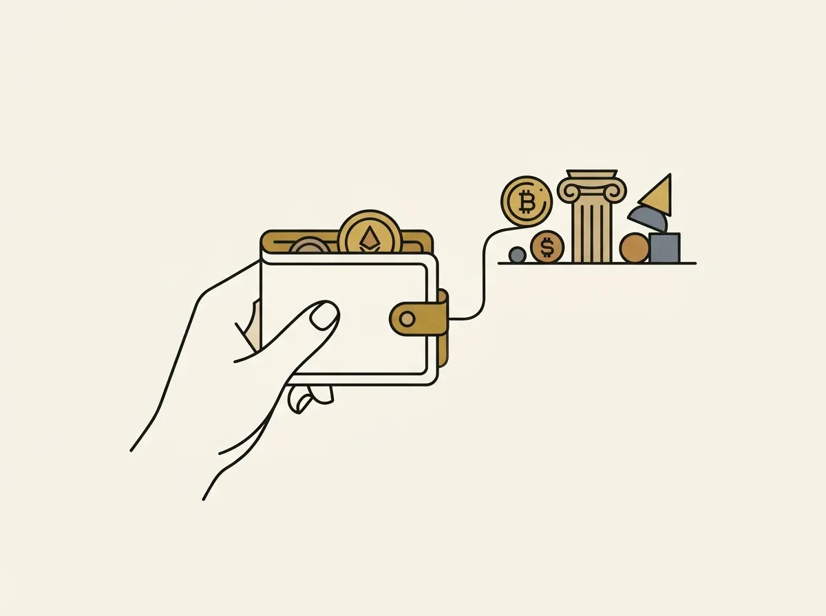 A hand holding a digital wallet connected to diverse financial assets, representing self-custody in on-chain trading.