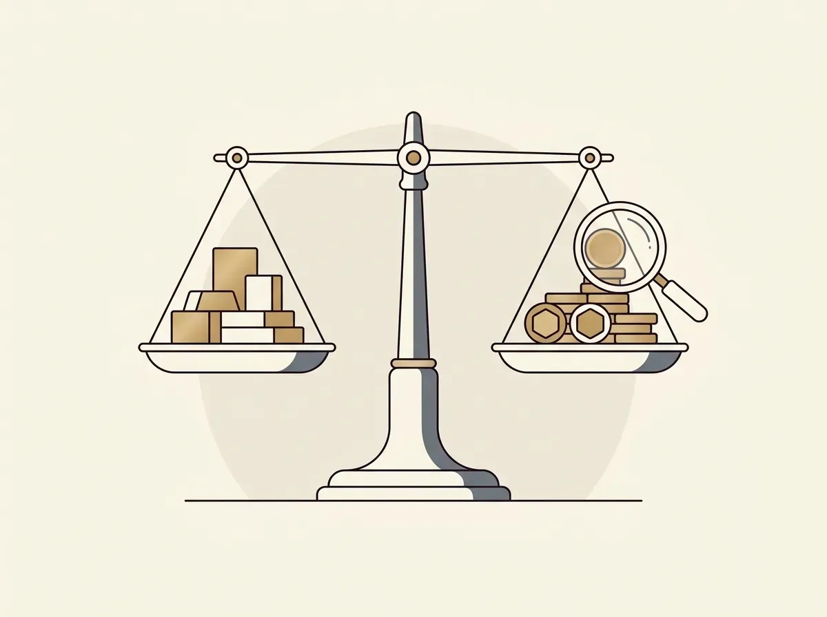 A balanced scale with physical assets on one side and digital tokens on the other, with a magnifying glass, symbolizing 1:1 backing and verification.