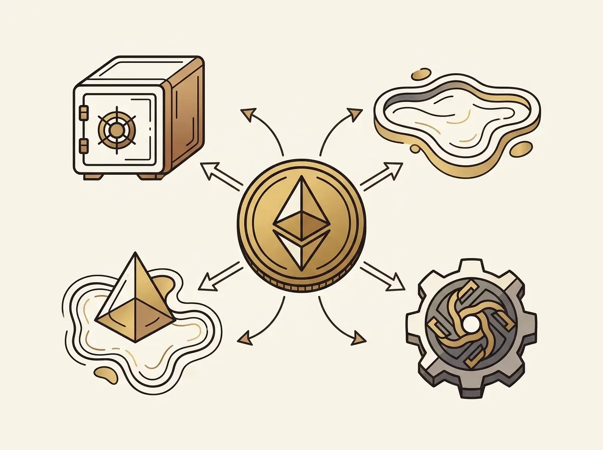 A central digital token with arrows pointing to abstract shapes representing DeFi lending, liquidity, and composability.