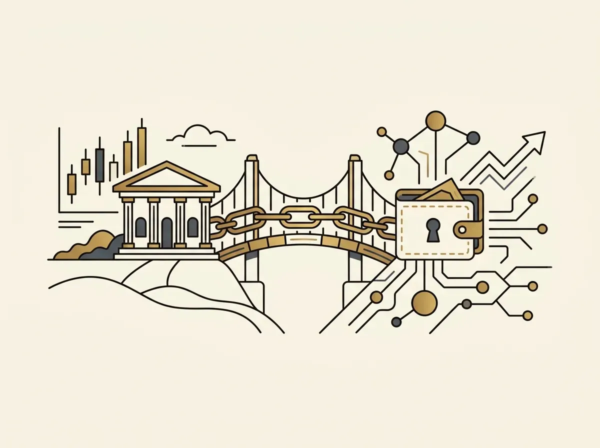 A bridge connects traditional finance elements to a digital wallet and blockchain nodes, symbolizing tokenized assets.
