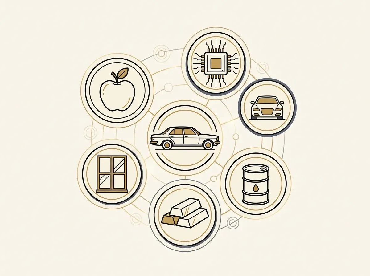 A collection of stylized tokens representing various assets like an apple, microchip, car, gold bar, and oil barrel.