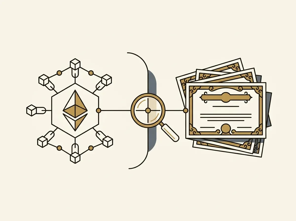 A digital token connected 1:1 to a stack of paper stock certificates, with a magnifying glass symbolizing verification.