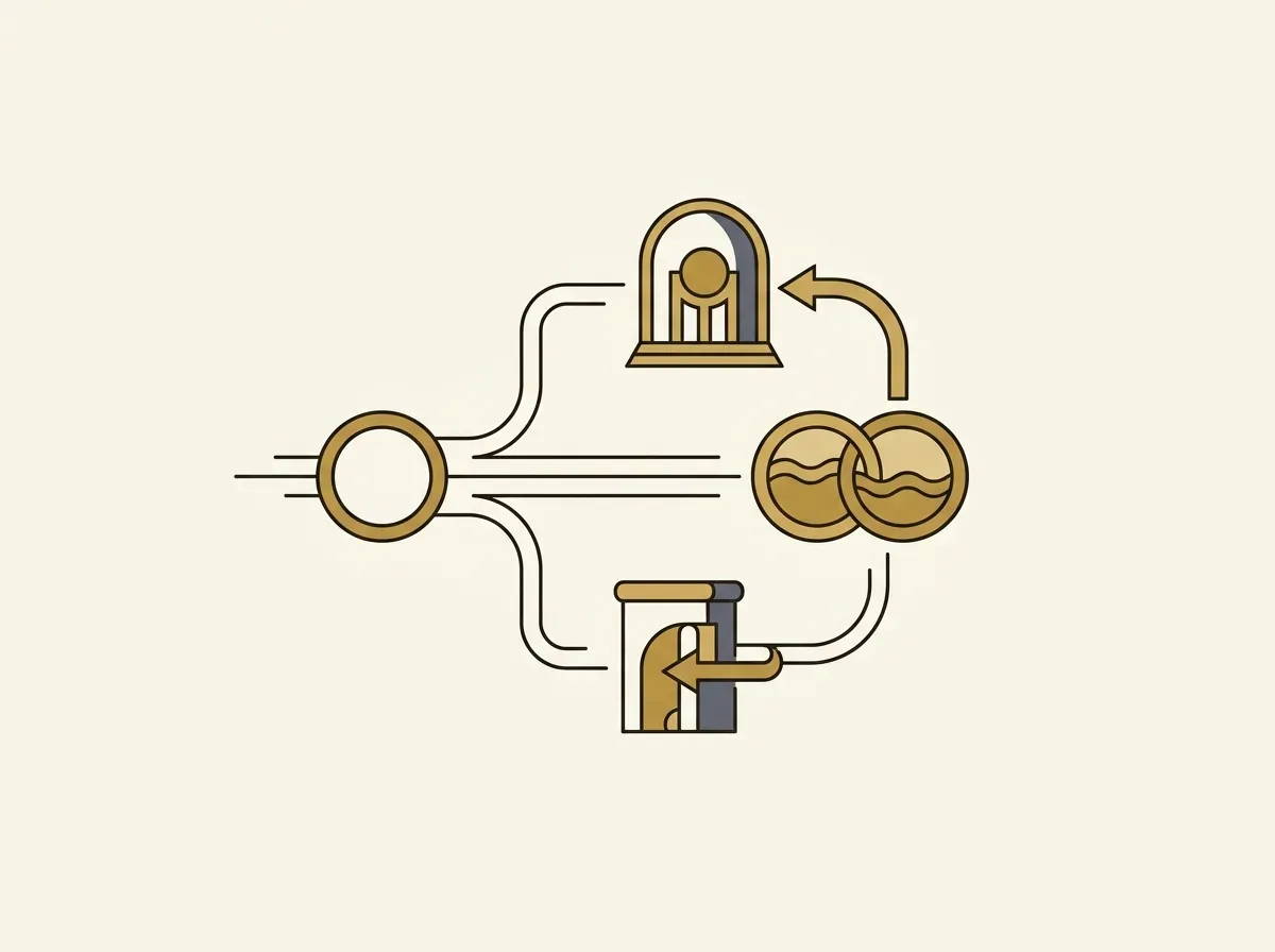 A single digital token flowing into and interacting with various DeFi protocols like lending vaults and liquidity pools.