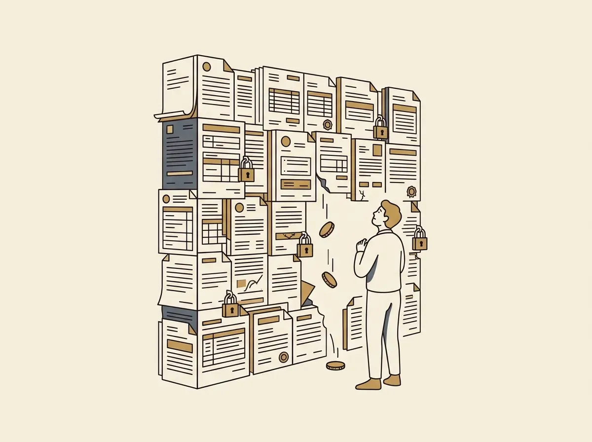 A person faces a tall wall of complex documents and fees, symbolizing traditional investment barriers.