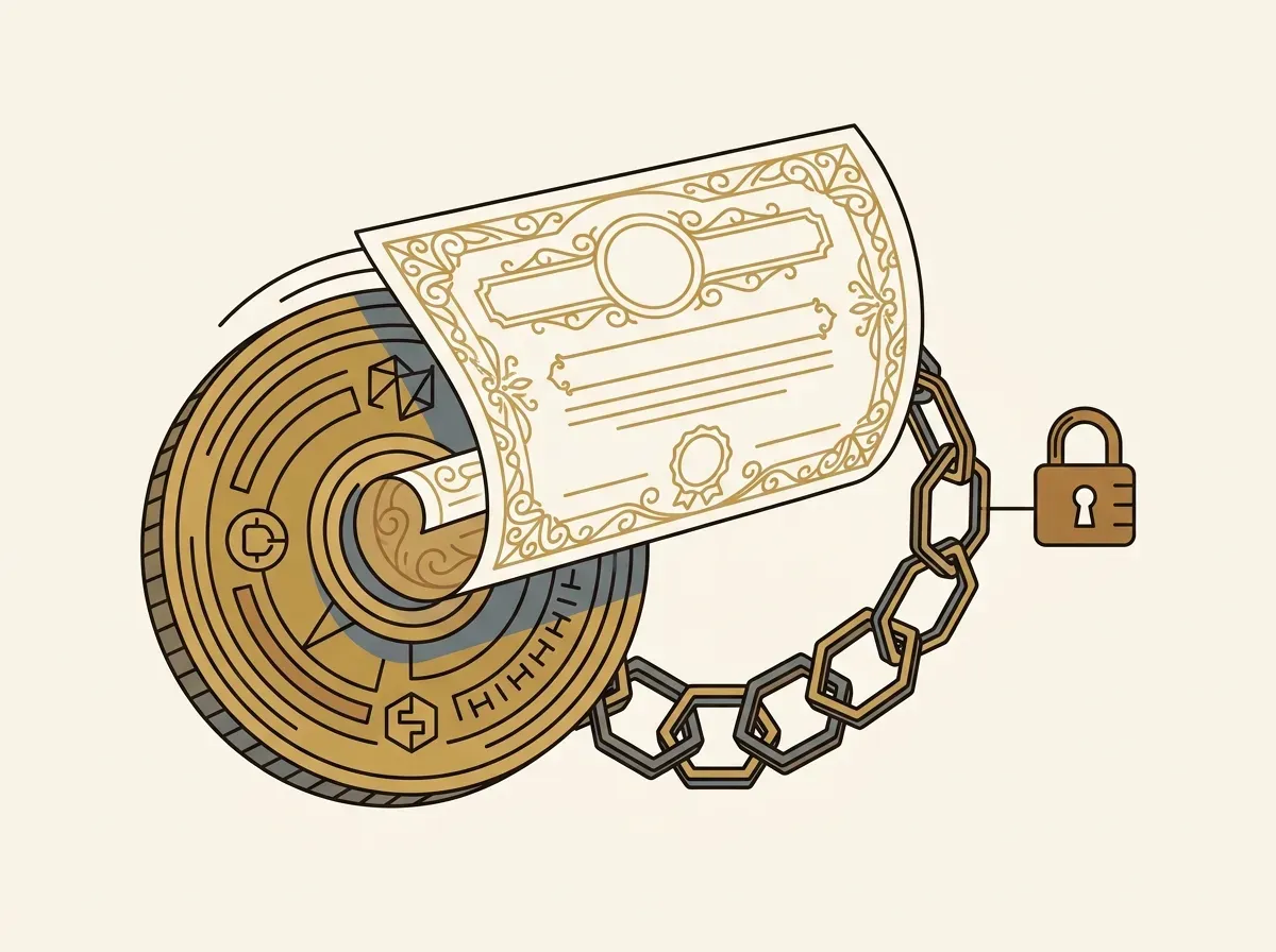 A digital token transforms into a stock certificate, linked by blockchain, representing tokenized stocks and self-custody.