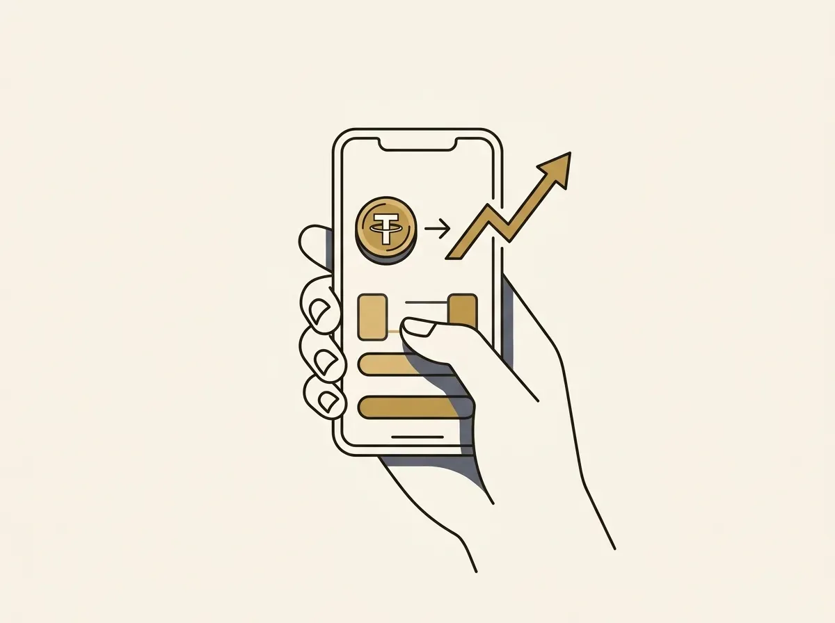 A hand holds a smartphone, showing a stablecoin converting into a rising stock chart on a trading interface.