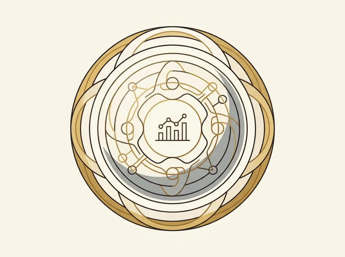 A transparent, layered sphere contains a stock icon surrounded by interconnected shapes, symbolizing security and composability.