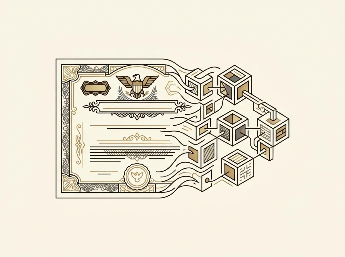 A traditional stock certificate morphing into a blockchain token, symbolizing tokenized US stocks.