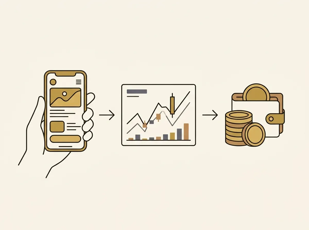 A hand interacting with a smartphone, showing a simplified, step-by-step process of investing in stocks.