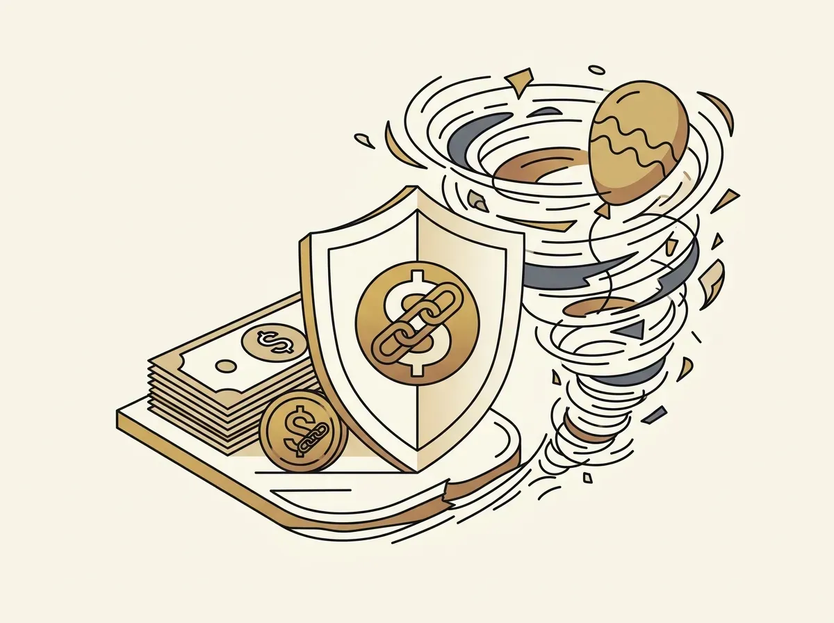 A shield protecting dollar bills from a swirling vortex, symbolizing inflation protection for investors.