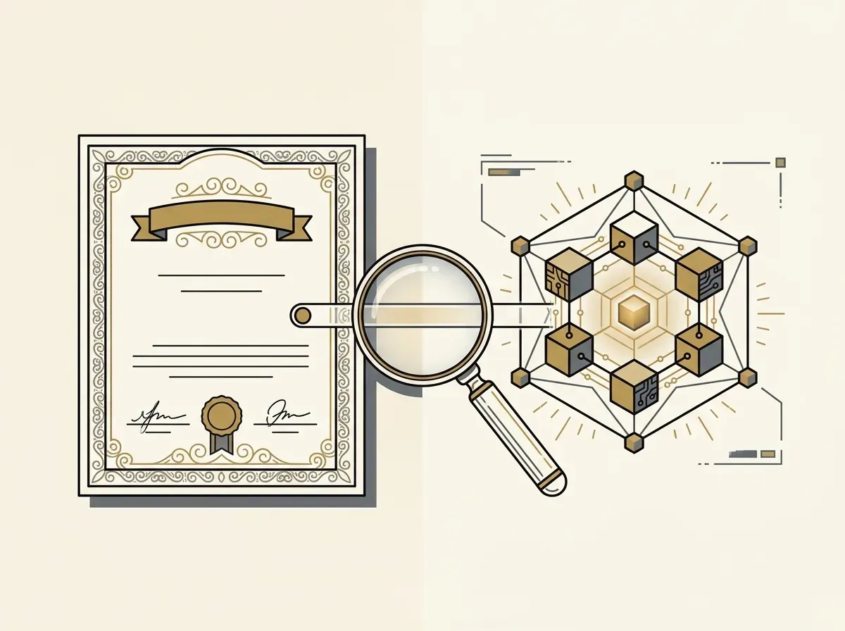 Physical stock certificate linked to a blockchain token with a magnifying glass.