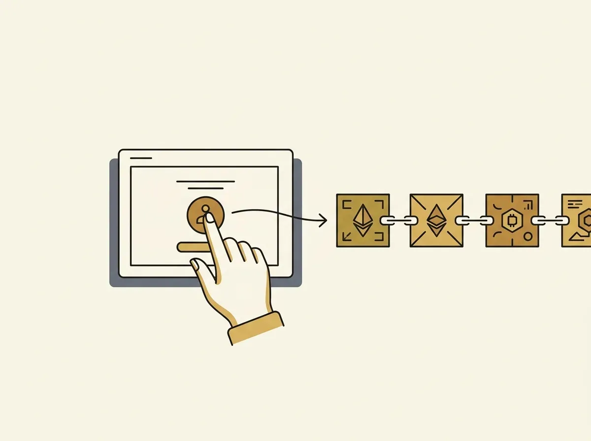 Hand confirming a transaction on a screen, settling on a blockchain.