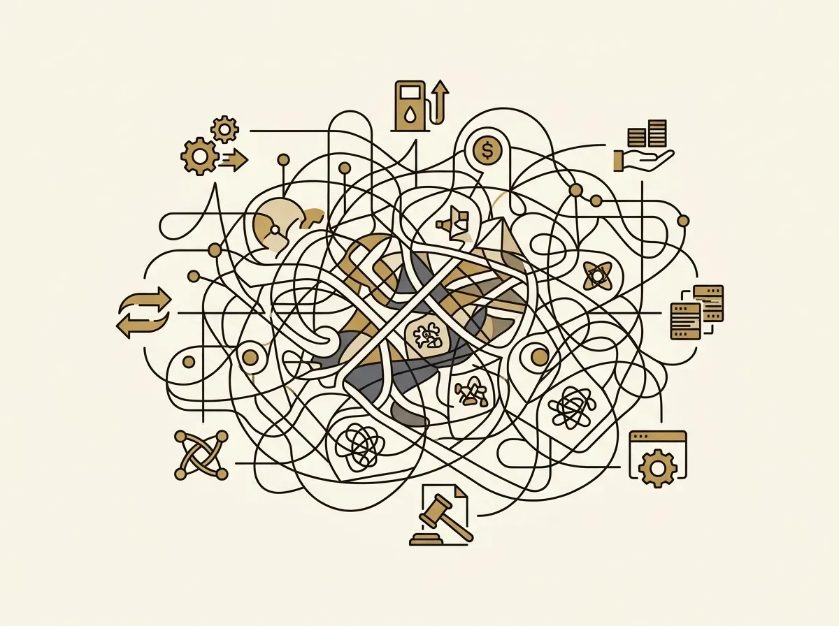 A tangled web of lines and abstract shapes with small icons, representing complex financial fees.