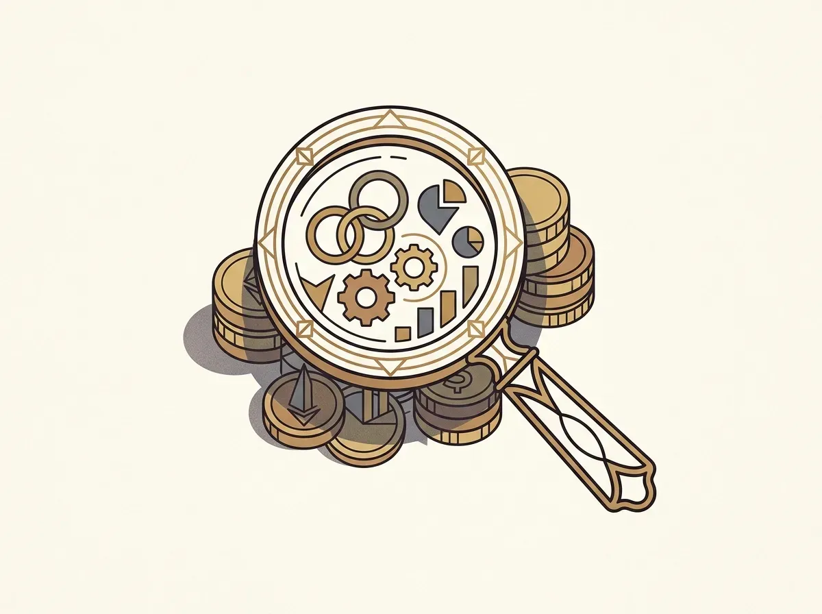 A magnifying glass over a partially hidden stack of financial symbols, representing hidden fees.