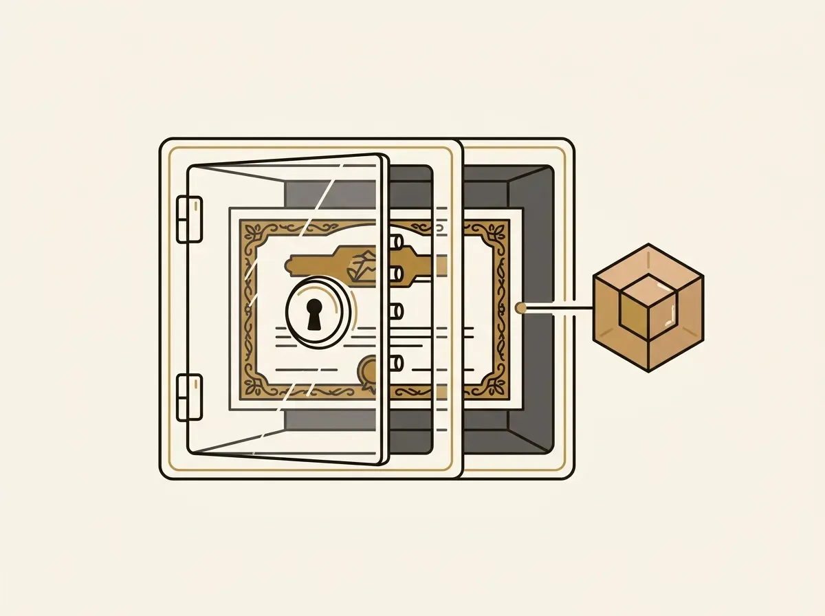A stock certificate in a vault connected to a blockchain block, illustrating 1:1 backing and secure custody.