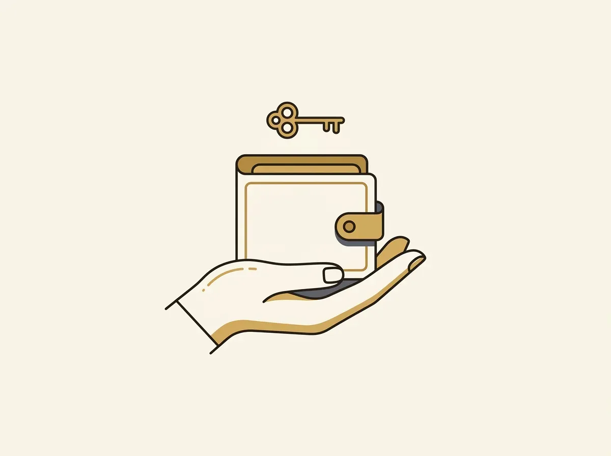 A hand holding a digital wallet with a key, symbolizing self-custody and secure asset control.