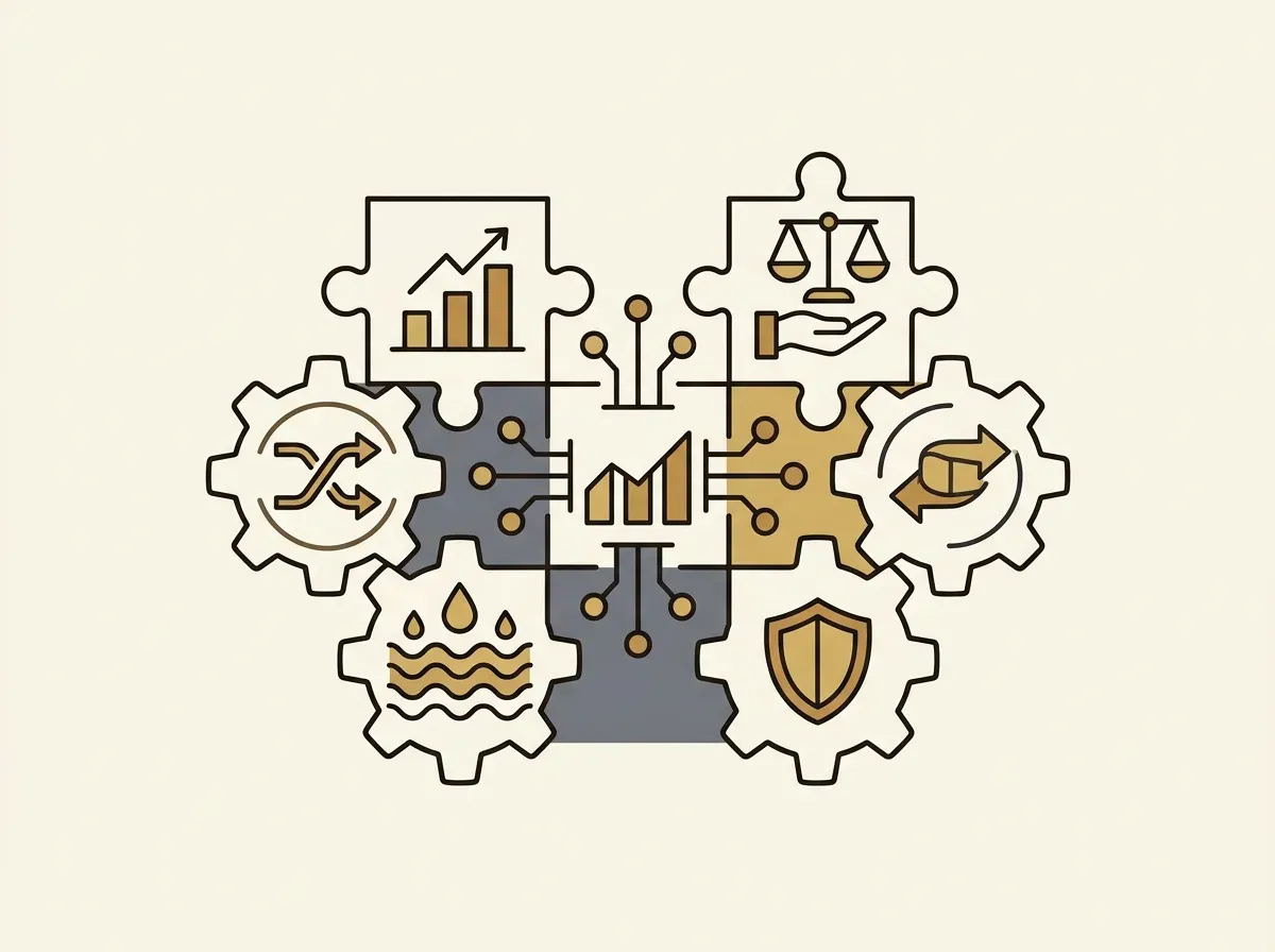 Interlocking financial symbols and a tokenized stock block, representing DeFi composability and integration.