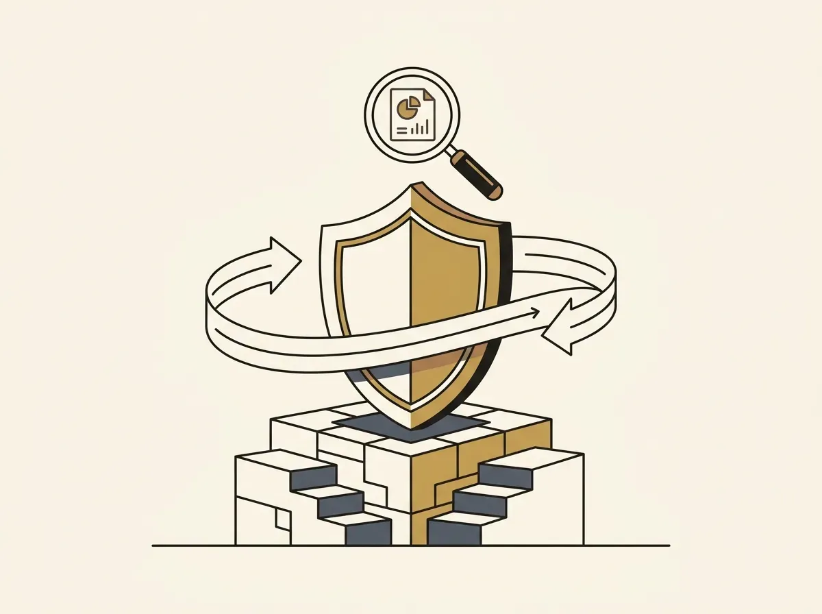 A shield on a strong foundation with an audit icon and a continuity loop, representing compliance and long-term security.