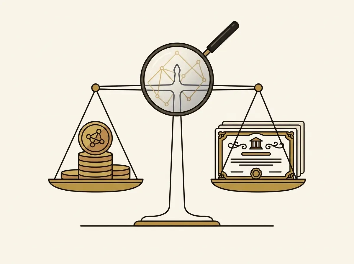 Scales balancing digital tokens and physical stock certificates, with a magnifying glass for verification.