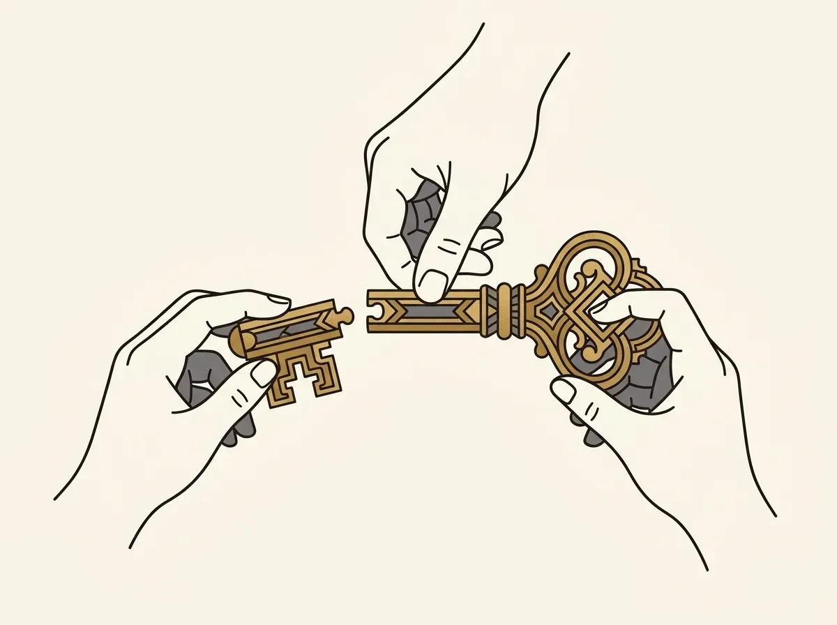 Three hands interlocking pieces to form a single key, representing multi-party computation and shared control.